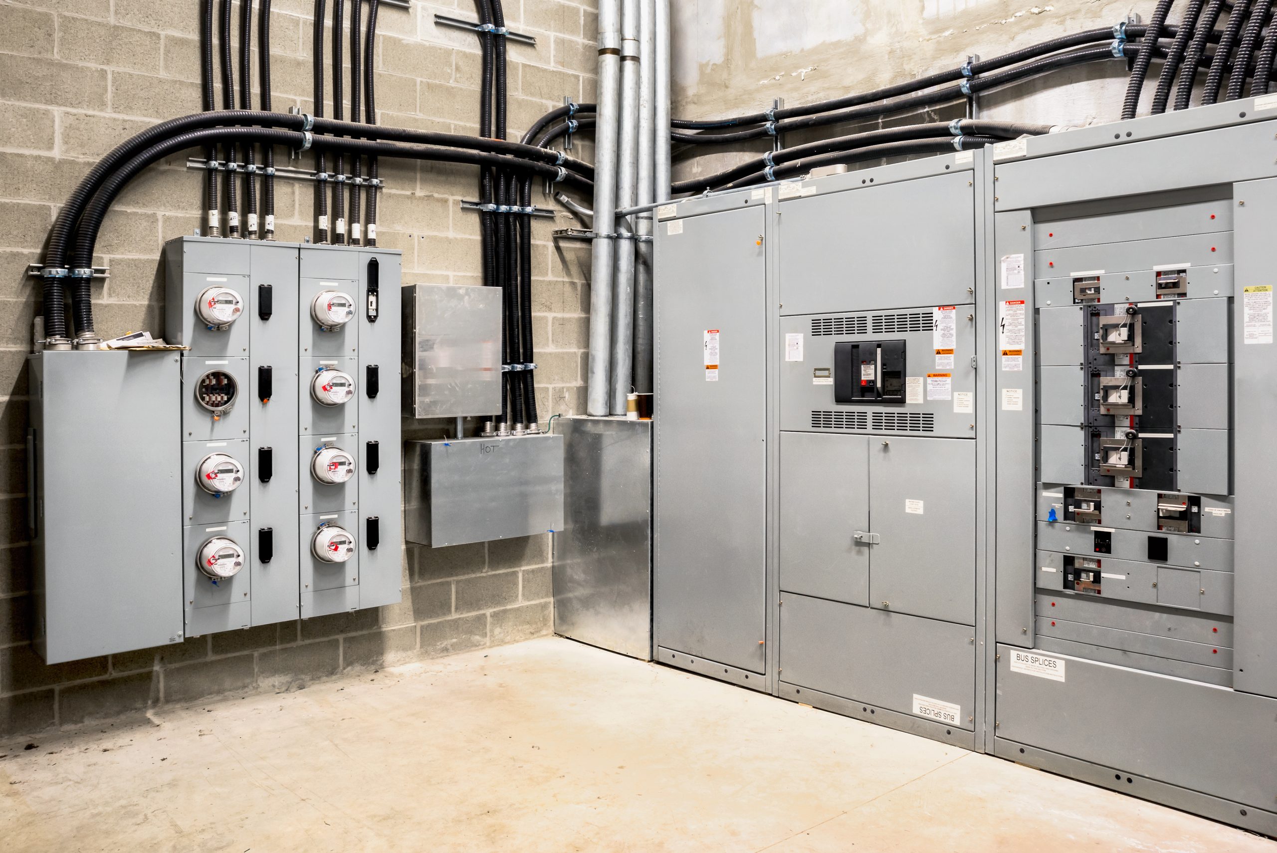 Electrical room of residential or commercial building. Multiple